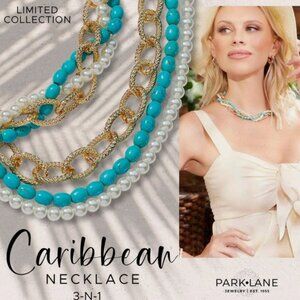 Park Lane Caribbean Necklace 3-in-1 Layered Gold Turquoise Pearl NWT